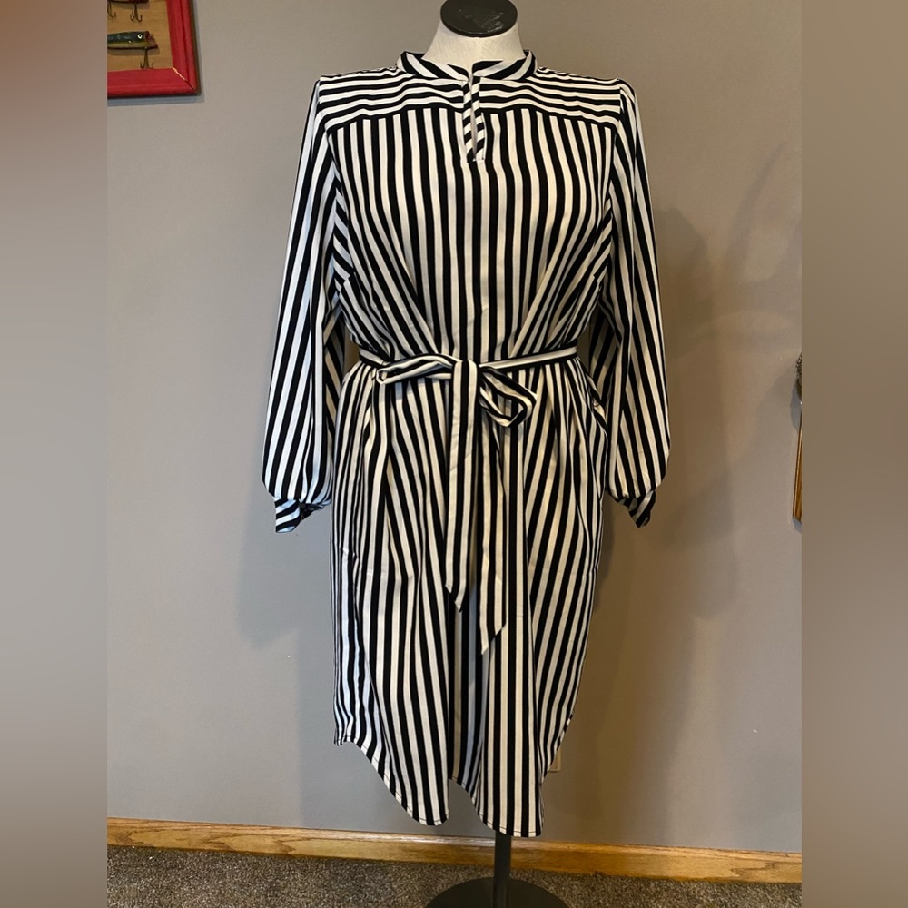 LOFT Black and White Striped Long Sleeve Belted Shirt Dress